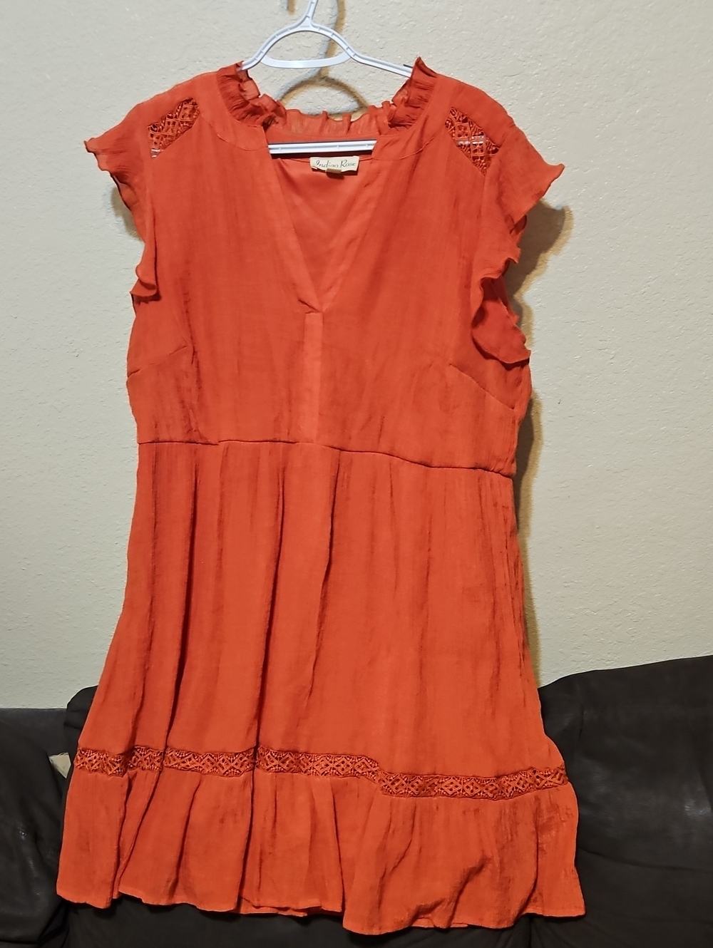 Rust Orange V-Neck Mini Dress with Crochet Accents